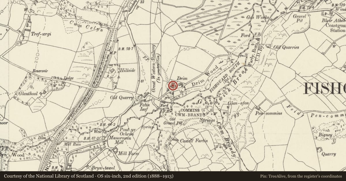 Ordnance Survey six-inch map, 2nd edition (1888–1913) covering the location of Outbuilding at The Drim, Fishguard and Goodwick, Pembrokeshire, with a pin at the register's coordinates