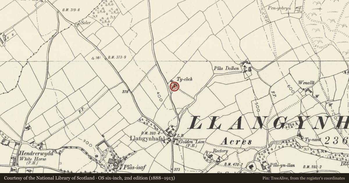 Ordnance Survey six-inch map, 2nd edition (1888–1913) covering the location of Cruck Barn at Ty-coch, Llangynhafal, Denbighshire, with a pin at the register's coordinates