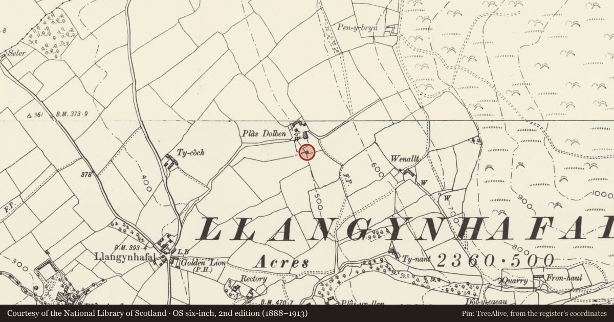 Ordnance Survey six-inch map, 2nd edition (1888–1913) covering the location of Ffynnon Gynhafal, Llangynhafal, Denbighshire, with a pin at the register's coordinates