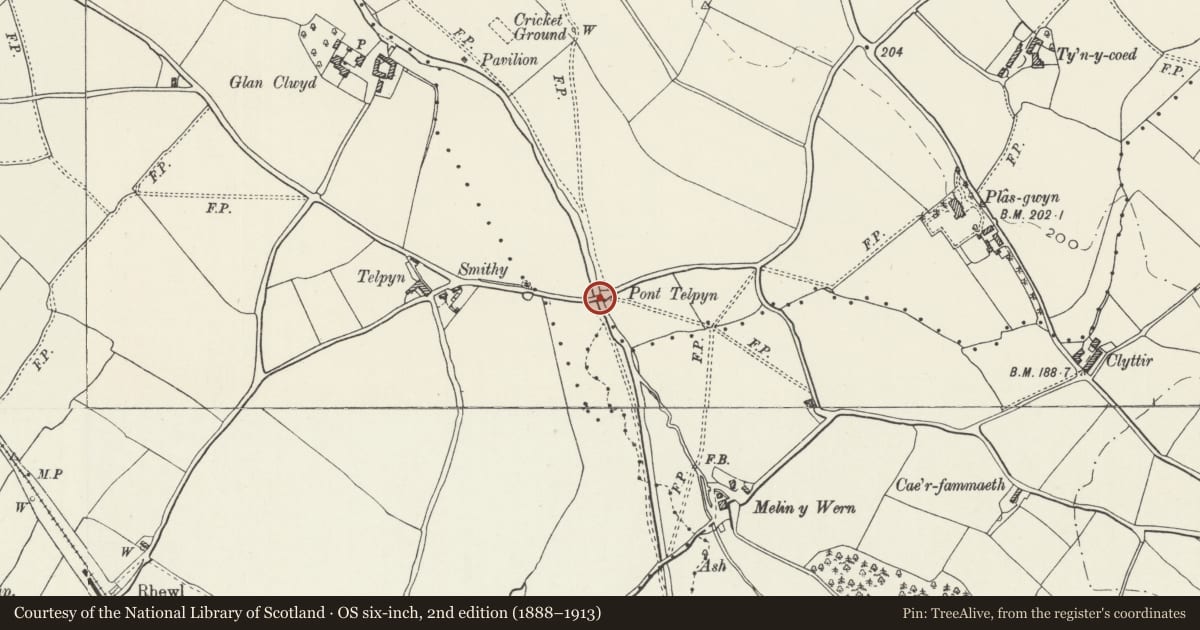 Ordnance Survey six-inch map, 2nd edition (1888–1913) covering the location of Pont Telpyn, Llanynys, Denbighshire, with a pin at the register's coordinates