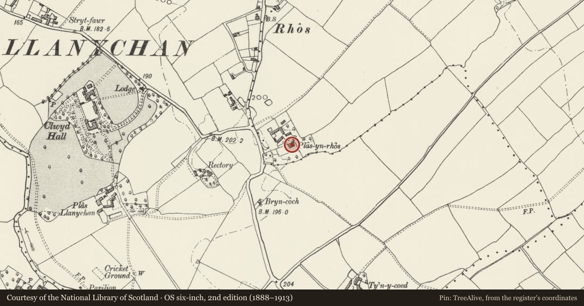 Ordnance Survey six-inch map, 2nd edition (1888–1913) covering the location of Plas-yn-rhos Old Farmhouse, Llangynhafal, Denbighshire, with a pin at the register's coordinates