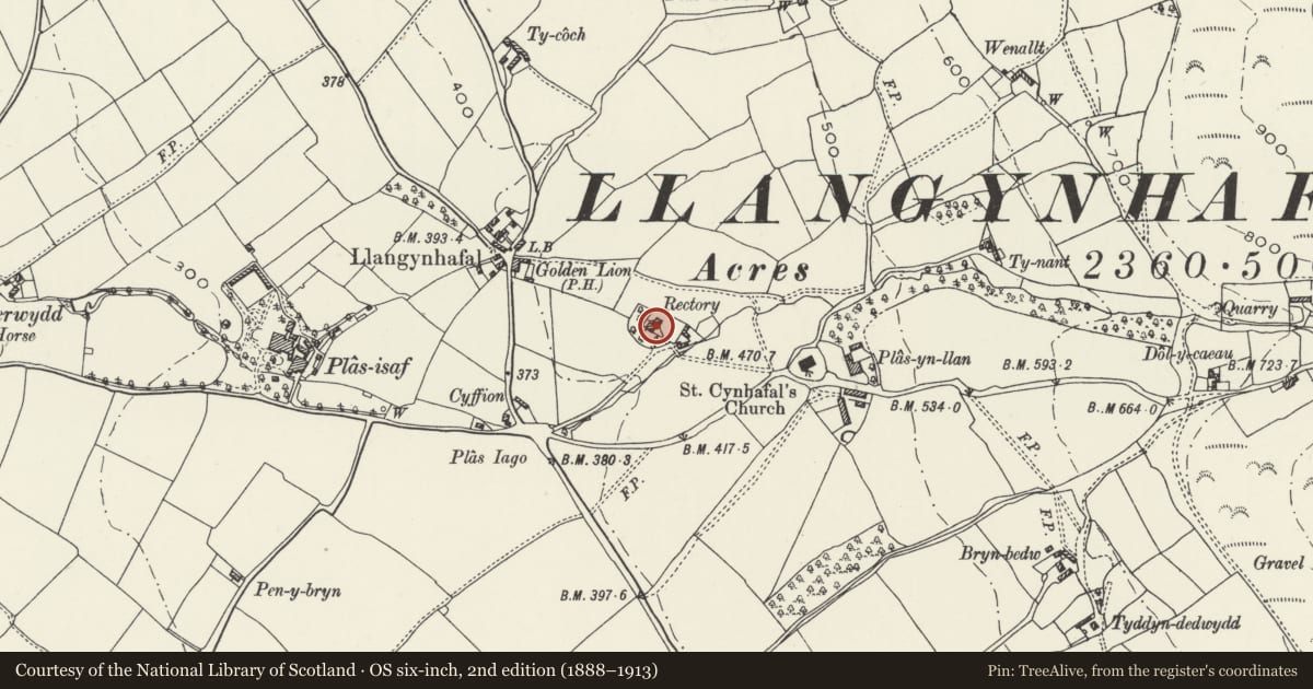 Ordnance Survey six-inch map, 2nd edition (1888–1913) covering the location of Old Rectory, Llangynhafal, Denbighshire, with a pin at the register's coordinates