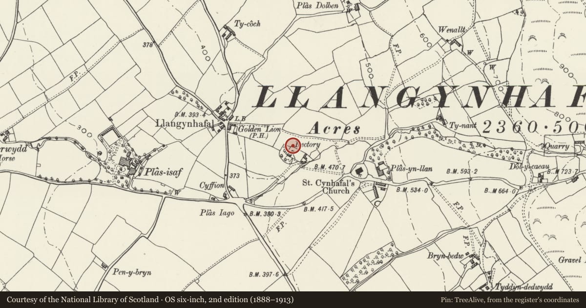 Ordnance Survey six-inch map, 2nd edition (1888–1913) covering the location of Walled Garden at Old Rectory, Llangynhafal, Denbighshire, with a pin at the register's coordinates