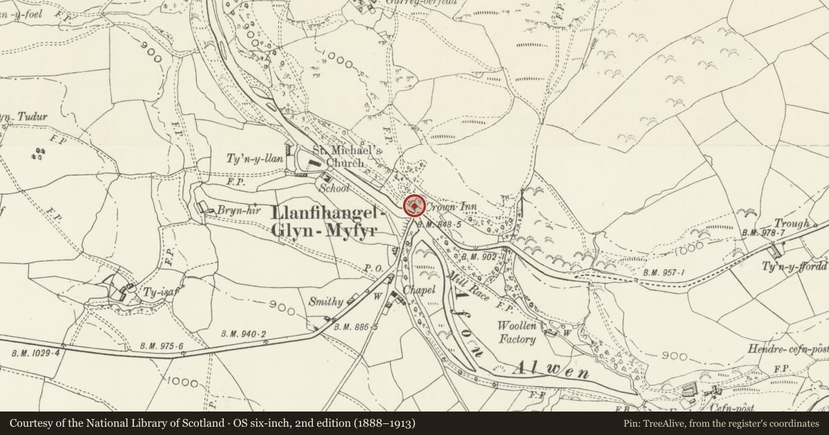 Ordnance Survey six-inch map, 2nd edition (1888–1913) covering the location of The Crown Inn and stable building, Llanfihangel Glyn Myfyr, Conwy, with a pin at the register's coordinates