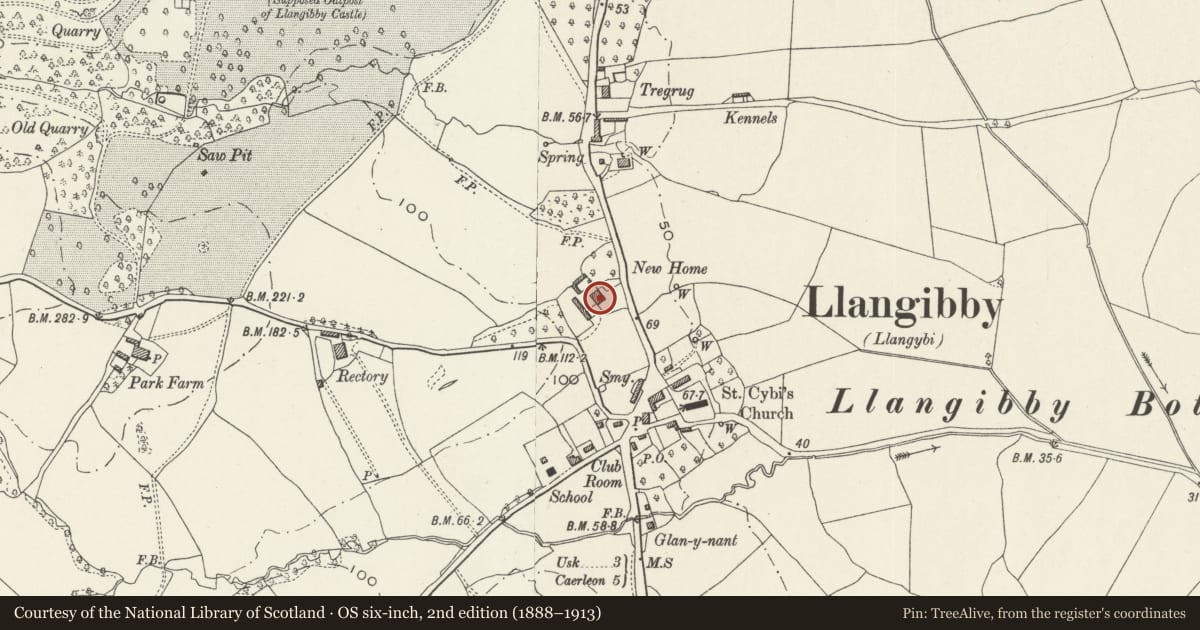 Ordnance Survey six-inch map, 2nd edition (1888–1913) covering the location of New House, Llangybi, Monmouthshire, with a pin at the register's coordinates