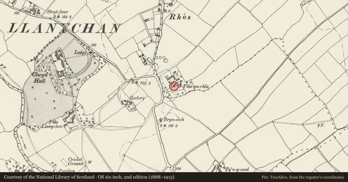 Ordnance Survey six-inch map, 2nd edition (1888–1913) covering the location of Walled Avenue with part of Garden Wall at Plas-yn-rhos, Llangynhafal, Denbighshire, with a pin at the register's coordinates