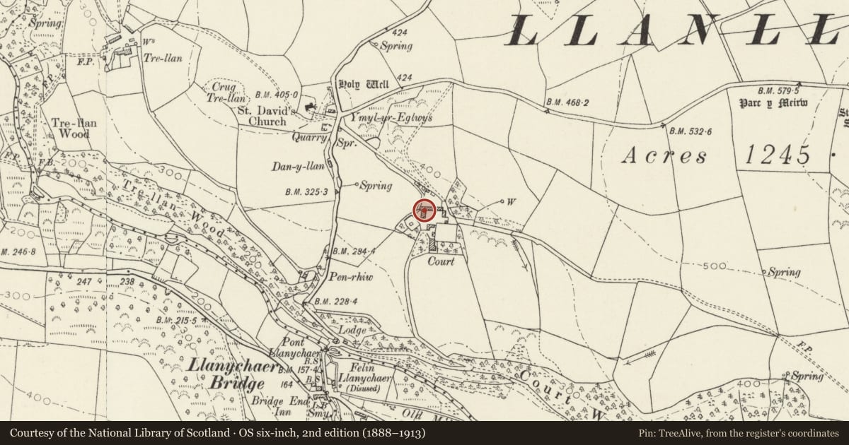 Ordnance Survey six-inch map, 2nd edition (1888–1913) covering the location of Mill building in farmyard at Court/Cwrt, Cwm Gwaun, Pembrokeshire, with a pin at the register's coordinates