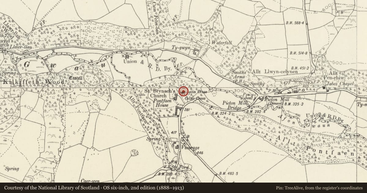Ordnance Survey six-inch map, 2nd edition (1888–1913) covering the location of Church of St Brynach, Cwm Gwaun, Pembrokeshire, with a pin at the register's coordinates