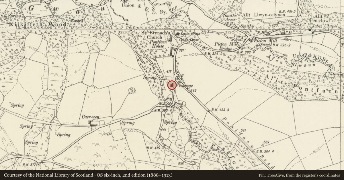 Ordnance Survey six-inch map, 2nd edition (1888–1913) covering the location of The Old Vicarage, Cwm Gwaun, Pembrokeshire, with a pin at the register's coordinates