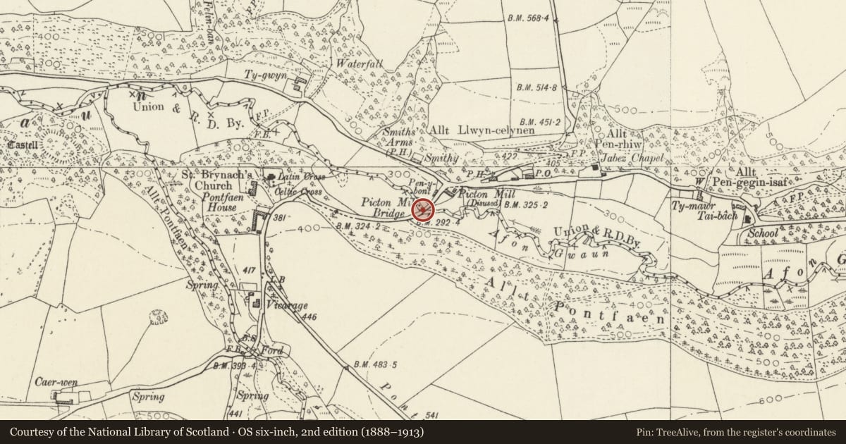 Ordnance Survey six-inch map, 2nd edition (1888–1913) covering the location of Picton Mill Bridge, Cwm Gwaun, Pembrokeshire, with a pin at the register's coordinates