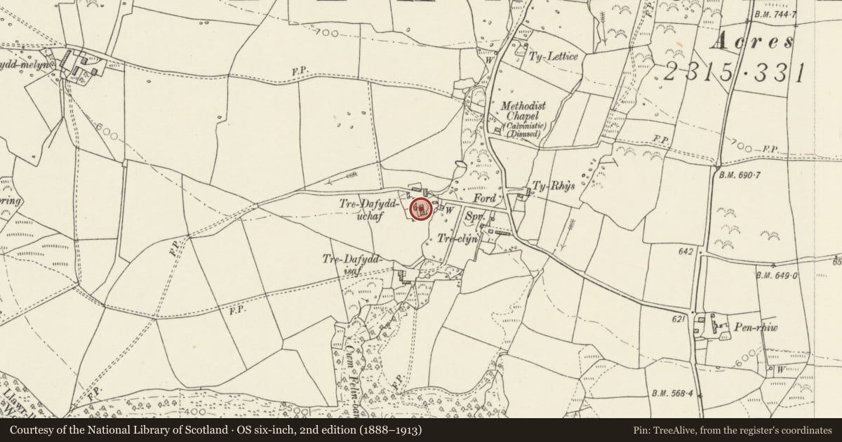 Ordnance Survey six-inch map, 2nd edition (1888–1913) covering the location of Tredafydd Uchaf, Cwm Gwaun, Pembrokeshire, with a pin at the register's coordinates