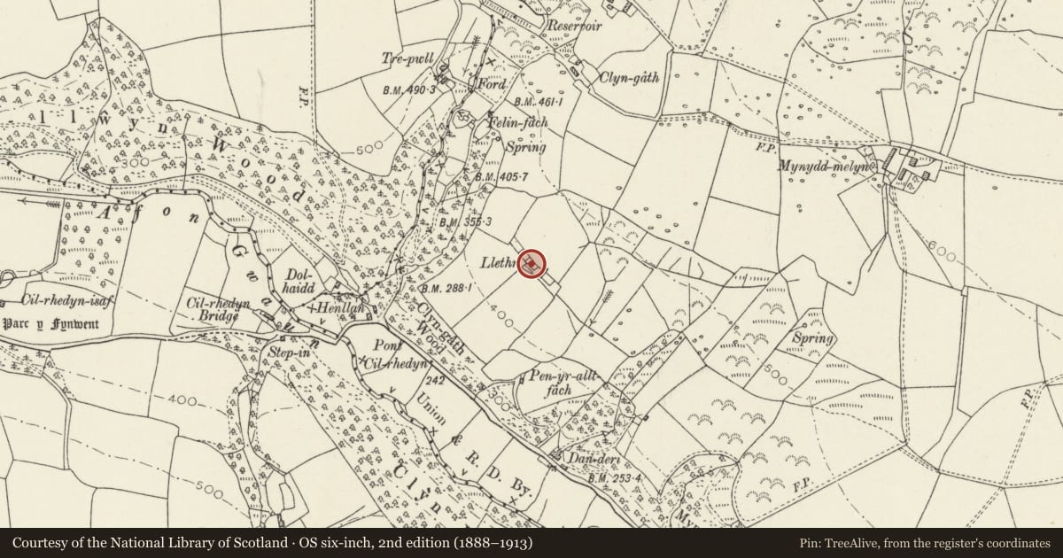Ordnance Survey six-inch map, 2nd edition (1888–1913) covering the location of Llethr, Cwm Gwaun, Pembrokeshire, with a pin at the register's coordinates