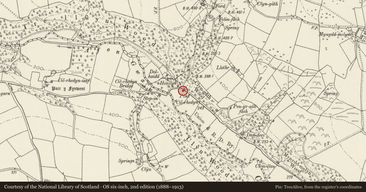 Ordnance Survey six-inch map, 2nd edition (1888–1913) covering the location of Bont Cilrhedyn, Cwm Gwaun, Pembrokeshire, with a pin at the register's coordinates