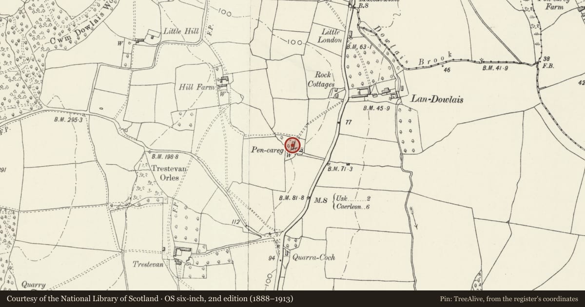 Ordnance Survey six-inch map, 2nd edition (1888–1913) covering the location of Pencarreg, Llangybi, Monmouthshire, with a pin at the register's coordinates