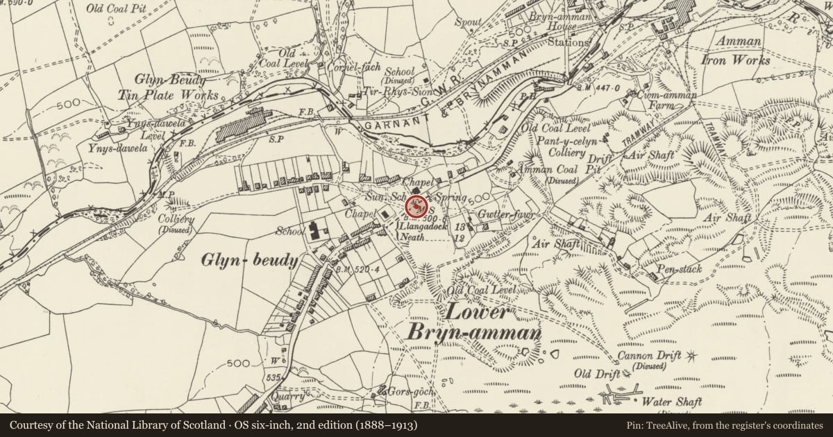 Ordnance Survey six-inch map, 2nd edition (1888–1913) covering the location of Milestone opposite Banwen Place, Gwaun-Cae-Gurwen, Neath Port Talbot, with a pin at the register's coordinates