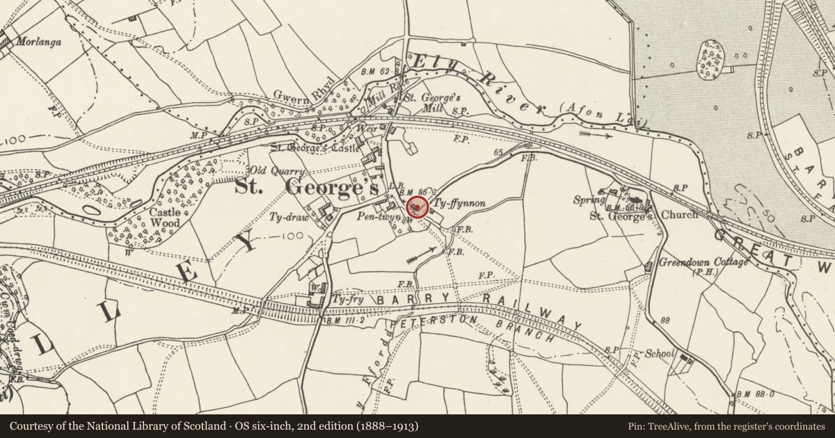 Ordnance Survey six-inch map, 2nd edition (1888–1913) covering the location of Ty Ffynnon, St. Georges-super-Ely, Vale of Glamorgan, with a pin at the register's coordinates