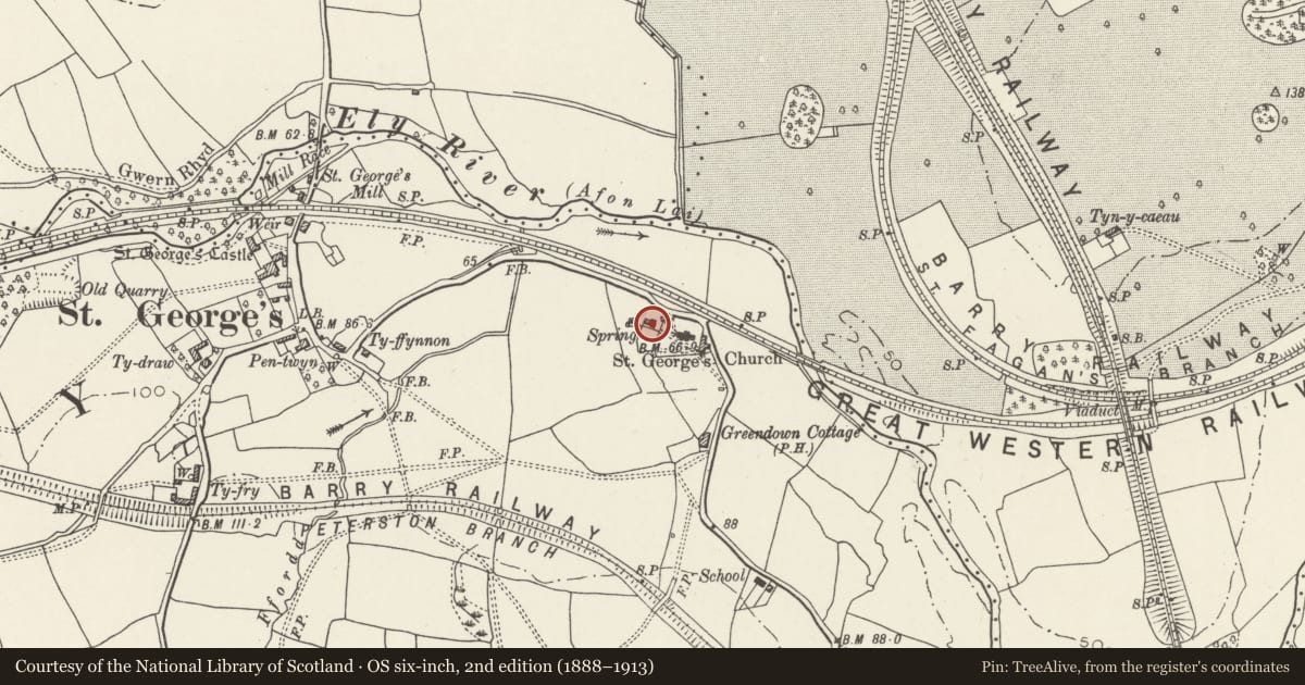 Ordnance Survey six-inch map, 2nd edition (1888–1913) covering the location of Church Cottage, St. Georges-super-Ely, Vale of Glamorgan, with a pin at the register's coordinates