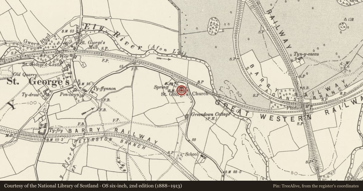 Ordnance Survey six-inch map, 2nd edition (1888–1913) covering the location of Churchyard cross at Church of St George, St. Georges-super-Ely, Vale of Glamorgan, with a pin at the register's coordinates