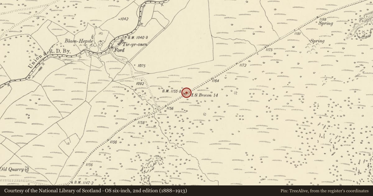 Ordnance Survey six-inch map, 2nd edition (1888–1913) covering the location of Milestone on A4059 SE of Tir-yr-onen, Hirwaun, Rhondda Cynon Taff, with a pin at the register's coordinates
