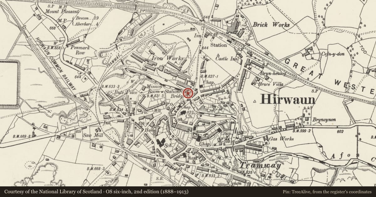 Ordnance Survey six-inch map, 2nd edition (1888–1913) covering the location of Tramroad causeway and bridge at Hirwaun Ironworks, Rhondda Cynon Taff, with a pin at the register's coordinates