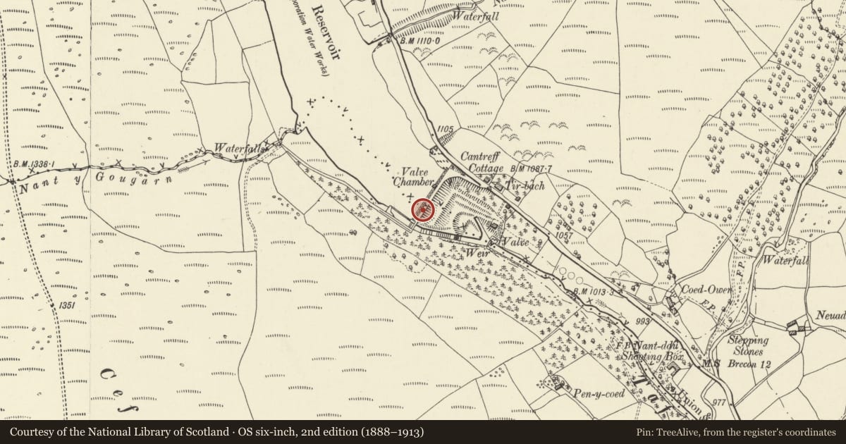 Ordnance Survey six-inch map, 2nd edition (1888–1913) covering the location of Cantref Reservoir dam, including valve house, draw-off tower and spillway (partly in Llanfrynach), Hirwaun, Rhondda Cynon Taff, with a pin at the register's coordinates