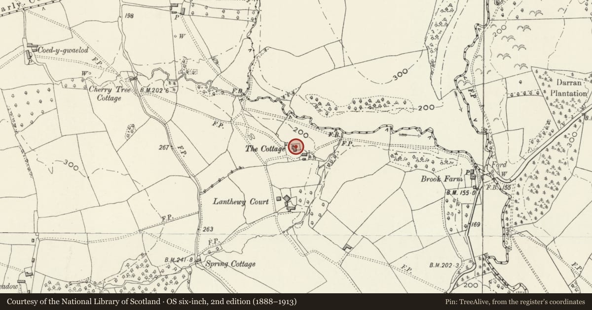 Ordnance Survey six-inch map, 2nd edition (1888–1913) covering the location of Pentwyn Farmhouse, Llangybi, Monmouthshire, with a pin at the register's coordinates