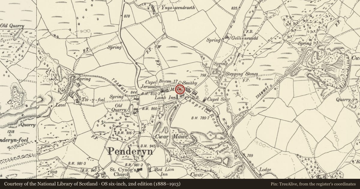 Ordnance Survey six-inch map, 2nd edition (1888–1913) covering the location of Milestone in boundary wall of Lamb Hotel, Hirwaun, Rhondda Cynon Taff, with a pin at the register's coordinates