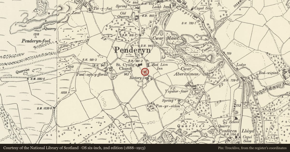 Ordnance Survey six-inch map, 2nd edition (1888–1913) covering the location of Signpost at road junction SE of St Cynog's church, Hirwaun, Rhondda Cynon Taff, with a pin at the register's coordinates