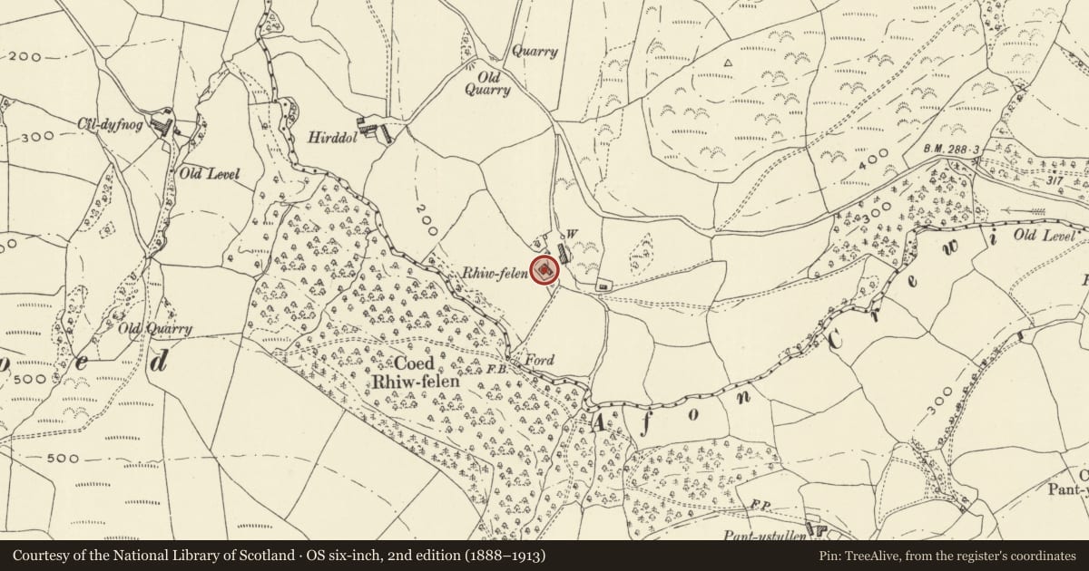 Ordnance Survey six-inch map, 2nd edition (1888–1913) covering the location of Rhiwfelen, Cadfarch, Powys, with a pin at the register's coordinates