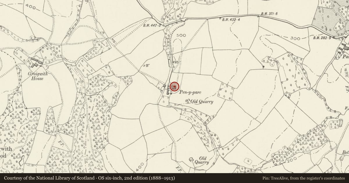 Ordnance Survey six-inch map, 2nd edition (1888–1913) covering the location of Pen-y-parc Farmhouse, Llangybi, Monmouthshire, with a pin at the register's coordinates