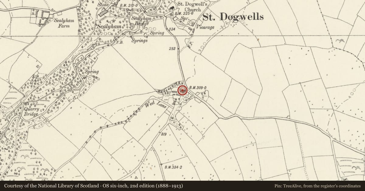 Ordnance Survey six-inch map, 2nd edition (1888–1913) covering the location of Saint Dogwells Farm, Wolfscastle, Pembrokeshire, with a pin at the register's coordinates