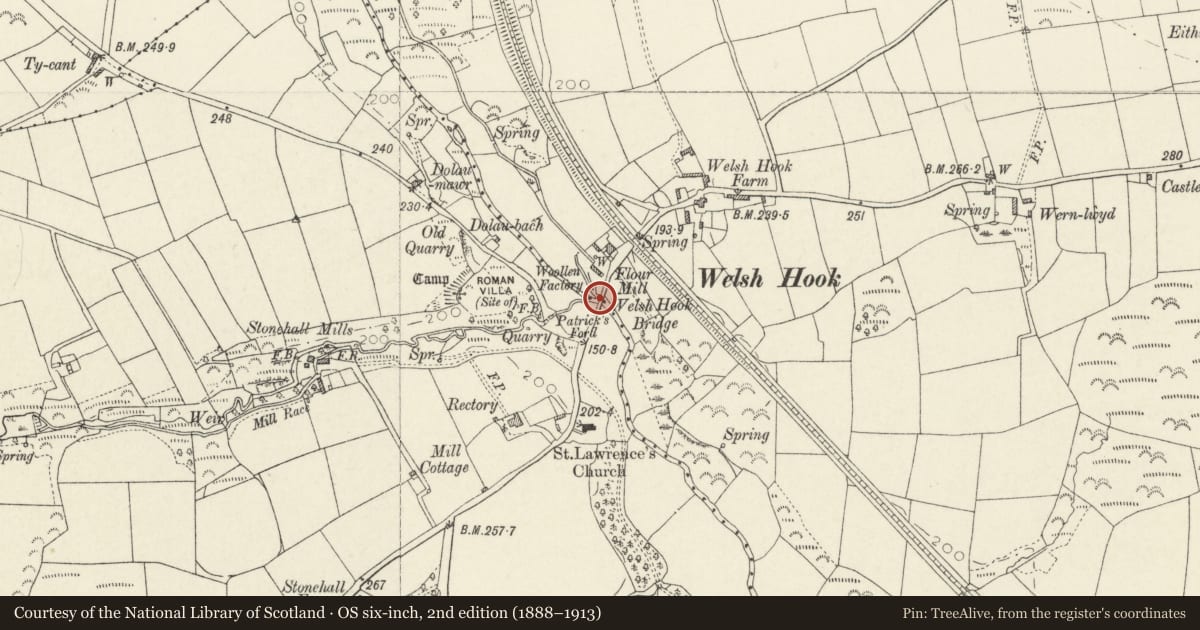 Ordnance Survey six-inch map, 2nd edition (1888–1913) covering the location of Welsh Hook Bridge (partly in Hayscastle community), Wolfscastle, Pembrokeshire, with a pin at the register's coordinates