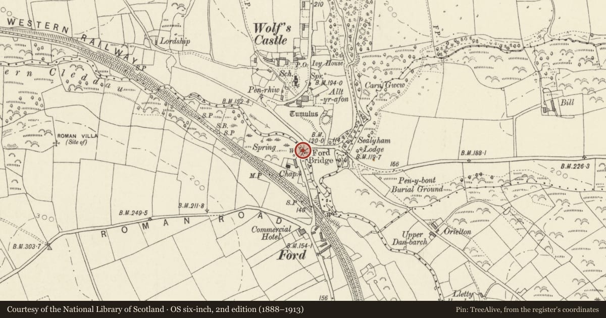 Ordnance Survey six-inch map, 2nd edition (1888–1913) covering the location of Ford Bridge, Wolfscastle, Pembrokeshire, with a pin at the register's coordinates