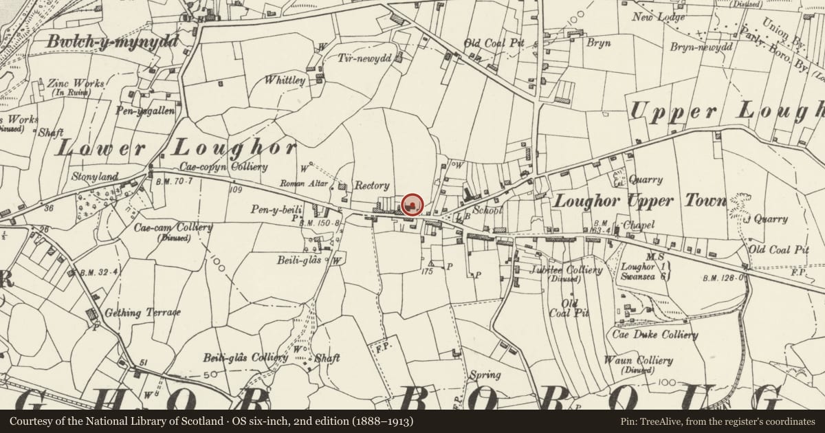 Ordnance Survey six-inch map, 2nd edition (1888–1913) covering the location of Capel Moriah, Llwchwr, Swansea, with a pin at the register's coordinates
