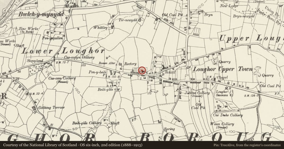 Ordnance Survey six-inch map, 2nd edition (1888–1913) covering the location of Schoolroom at Capel Moriah, Llwchwr, Swansea, with a pin at the register's coordinates
