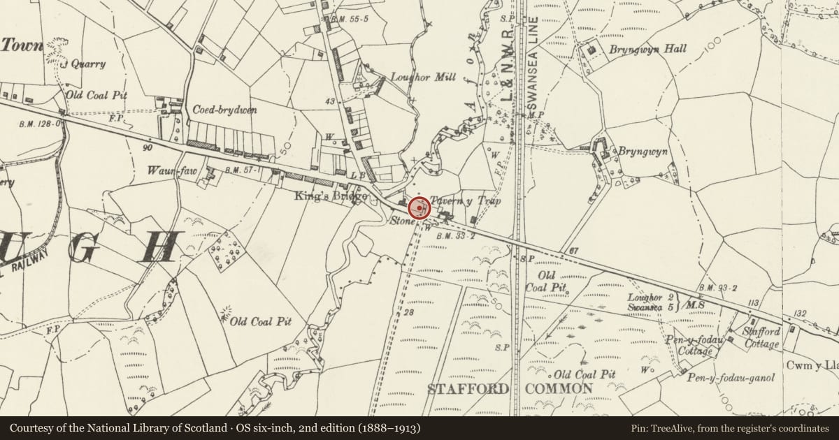 Ordnance Survey six-inch map, 2nd edition (1888–1913) covering the location of Boundary Stone at Kingsbridge, Llwchwr, Swansea, with a pin at the register's coordinates