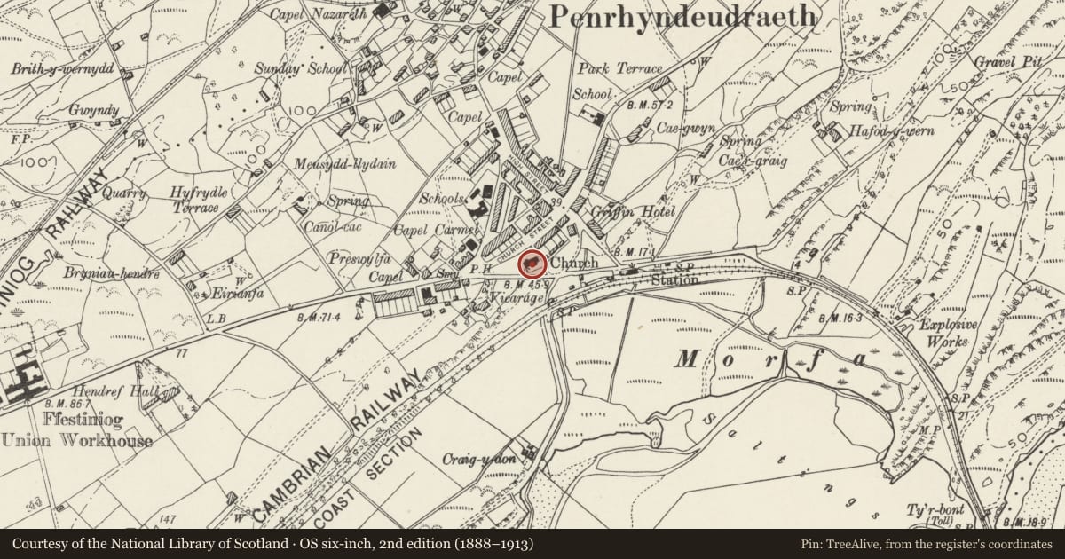 Ordnance Survey six-inch map, 2nd edition (1888–1913) covering the location of Parish Church of the Holy Trinity, Penrhyndeudraeth, Gwynedd, with a pin at the register's coordinates