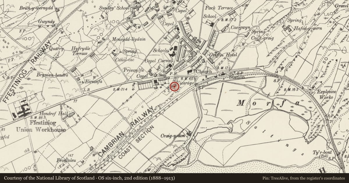 Ordnance Survey six-inch map, 2nd edition (1888–1913) covering the location of The Vicarage Including Adjoining Service Complex and Gates, Penrhyndeudraeth, Gwynedd, with a pin at the register's coordinates