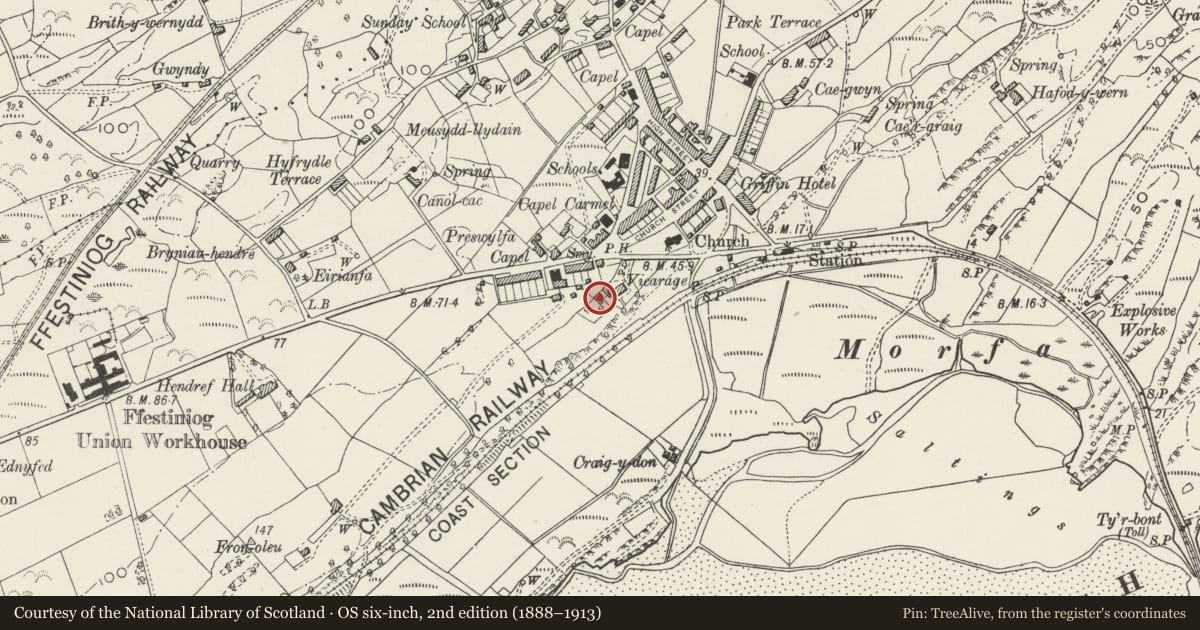 Ordnance Survey six-inch map, 2nd edition (1888–1913) covering the location of Former Coachhouse at the Vicarage, Including Associated Garden Walls, Penrhyndeudraeth, Gwynedd, with a pin at the register's coordinates