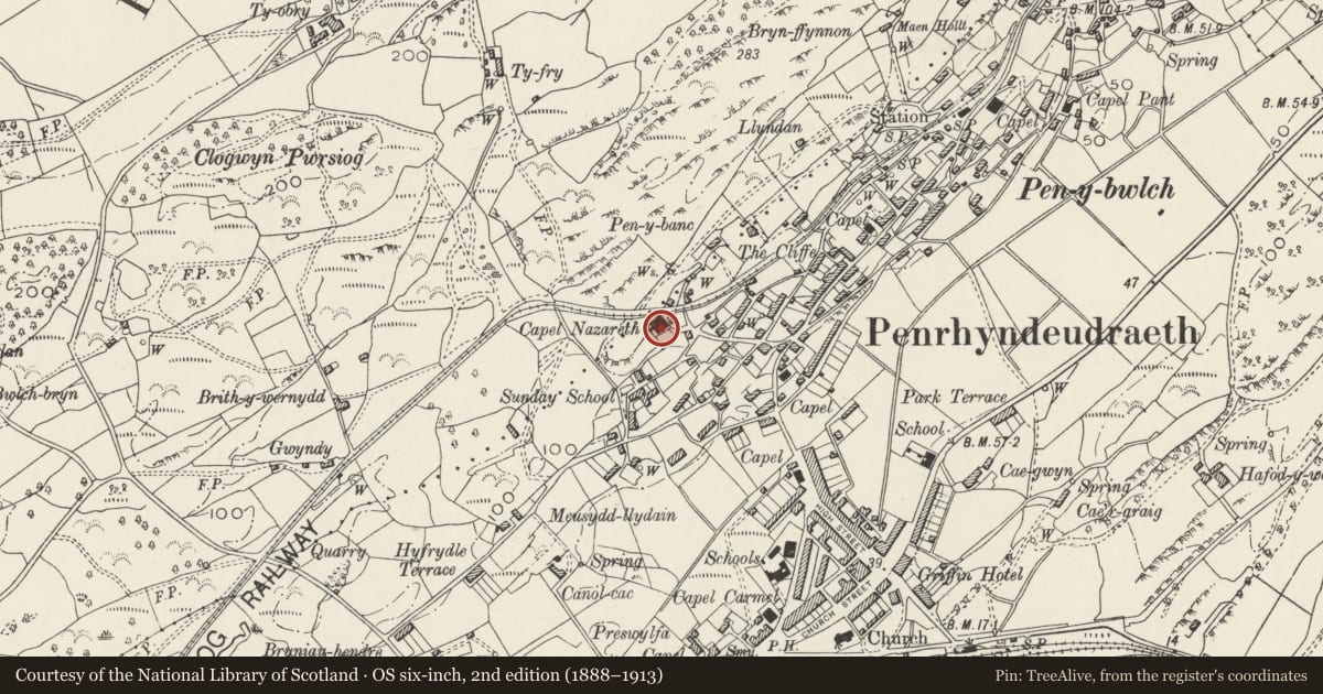 Ordnance Survey six-inch map, 2nd edition (1888–1913) covering the location of Nazareth Chapel, Penrhyndeudraeth, Gwynedd, with a pin at the register's coordinates