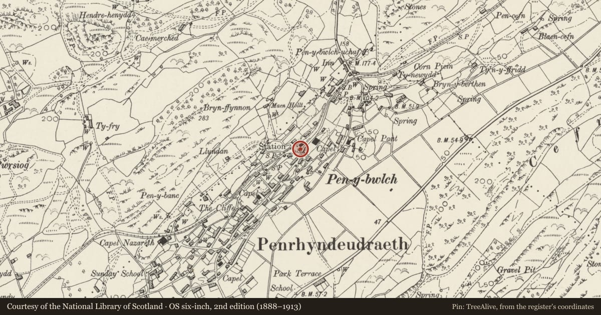 Ordnance Survey six-inch map, 2nd edition (1888–1913) covering the location of Penrhyndeudraeth Station, Ffestiniog Railway, Including Railed Railway Embankment Adjoining to the N, Gwynedd, with a pin at the register's coordinates