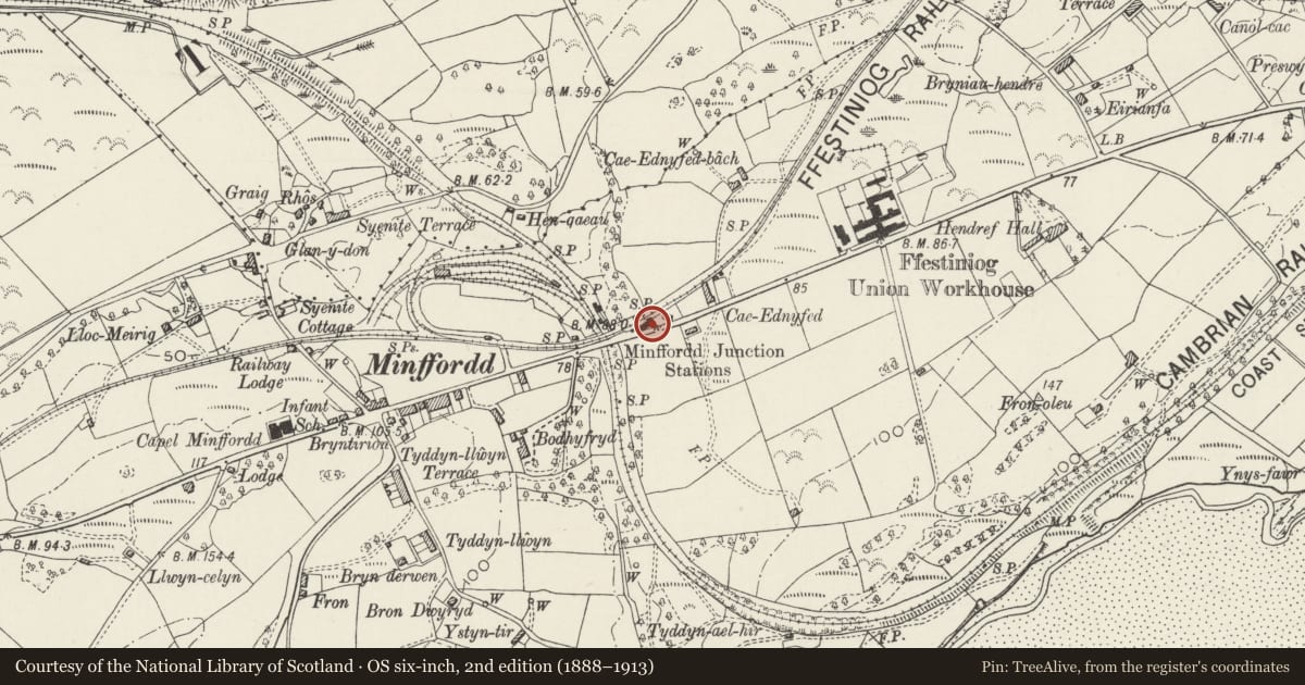 Ordnance Survey six-inch map, 2nd edition (1888–1913) covering the location of Minffordd Station, Penrhyndeudraeth, Gwynedd, with a pin at the register's coordinates