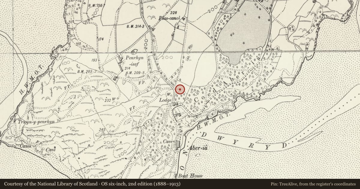 Ordnance Survey six-inch map, 2nd edition (1888–1913) covering the location of Westminster Abbey Balustrade, Penrhyndeudraeth, Gwynedd, with a pin at the register's coordinates