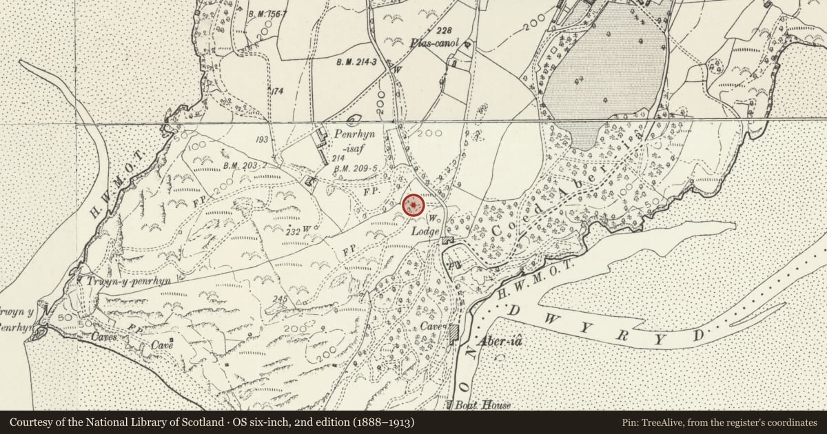 Ordnance Survey six-inch map, 2nd edition (1888–1913) covering the location of Corrugated Iron Shelter, Penrhyndeudraeth, Gwynedd, with a pin at the register's coordinates