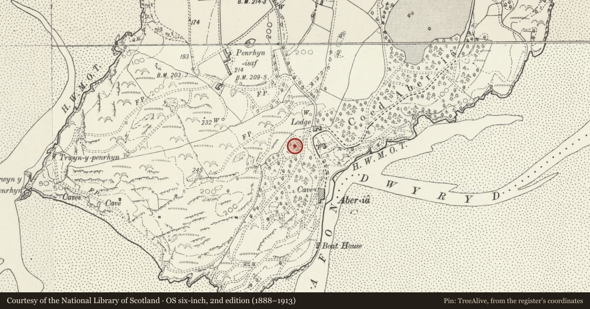 Ordnance Survey six-inch map, 2nd edition (1888–1913) covering the location of The Gazebo, Penrhyndeudraeth, Gwynedd, with a pin at the register's coordinates