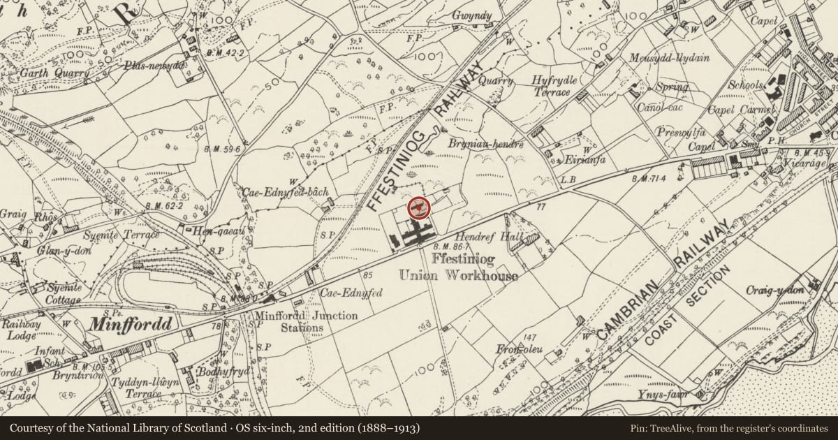 Ordnance Survey six-inch map, 2nd edition (1888–1913) covering the location of North Block at Bron-y-Garth Hospital, Penrhyndeudraeth, Gwynedd, with a pin at the register's coordinates