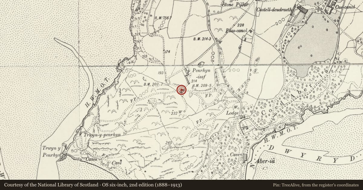 Ordnance Survey six-inch map, 2nd edition (1888–1913) covering the location of Penrhyn Isaf, Penrhyndeudraeth, Gwynedd, with a pin at the register's coordinates