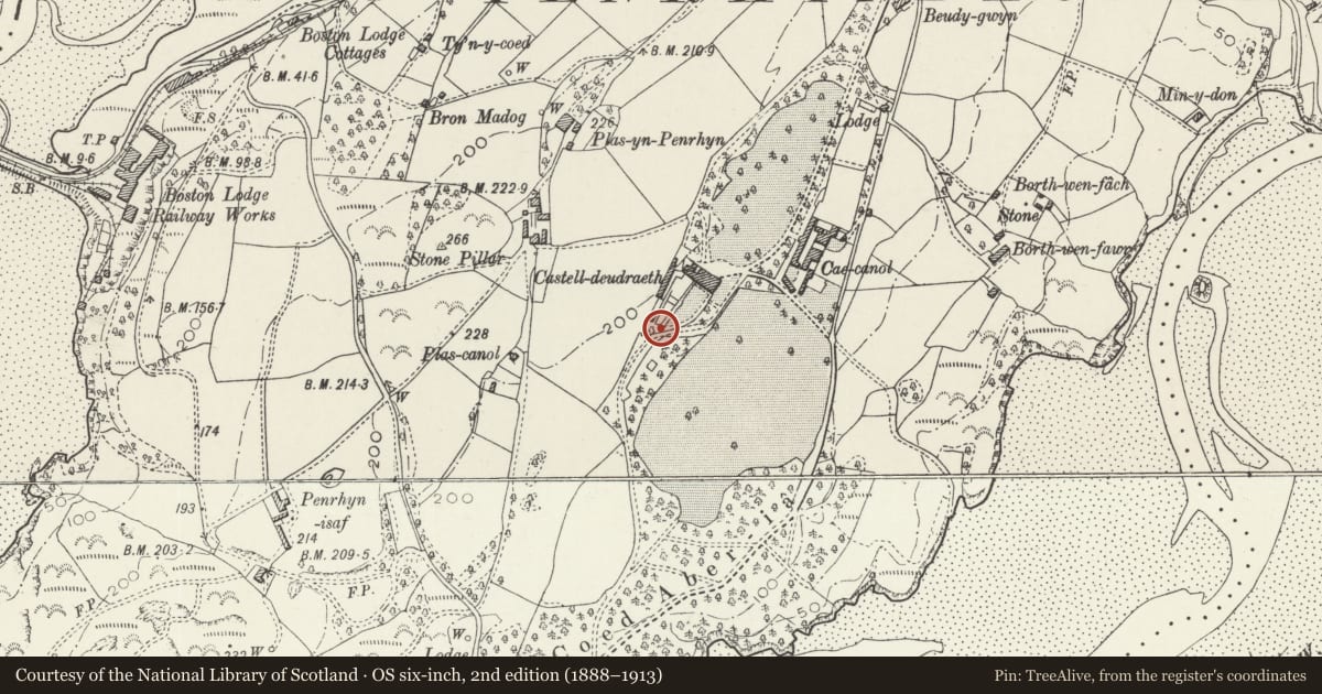 Ordnance Survey six-inch map, 2nd edition (1888–1913) covering the location of Castellated Garden Walls and Towers at Castell Deudraeth, Penrhyndeudraeth, Gwynedd, with a pin at the register's coordinates