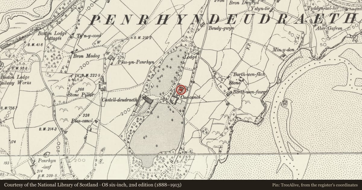 Ordnance Survey six-inch map, 2nd edition (1888–1913) covering the location of Cae Canol Including Adjoining Garage Block to the NE, Penrhyndeudraeth, Gwynedd, with a pin at the register's coordinates