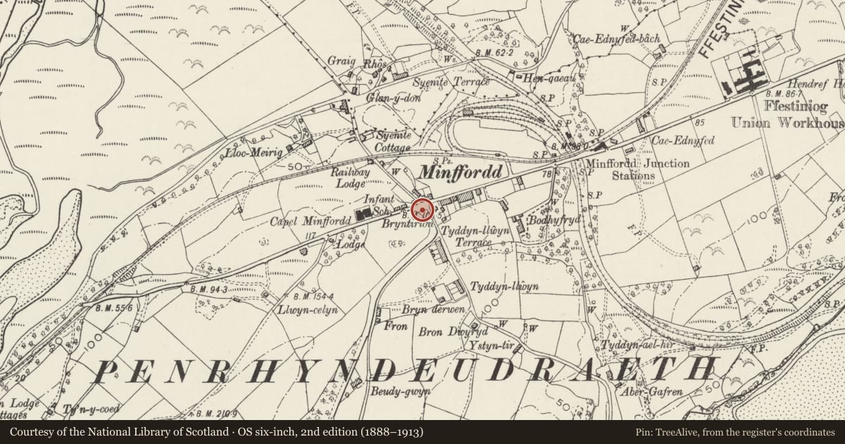 Ordnance Survey six-inch map, 2nd edition (1888–1913) covering the location of Entrance Piers at the Minffordd Approach to Portmeirion, Penrhyndeudraeth, Gwynedd, with a pin at the register's coordinates